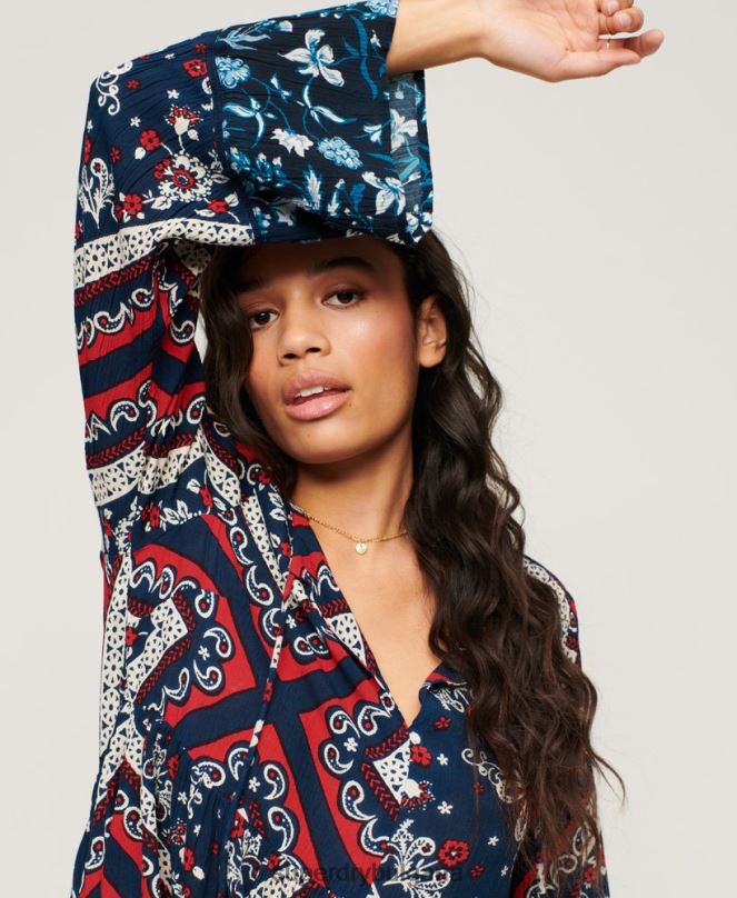 Superdry облекло N00H2094 син Жени мини рокля с изпъкнали ръкави от 60-те