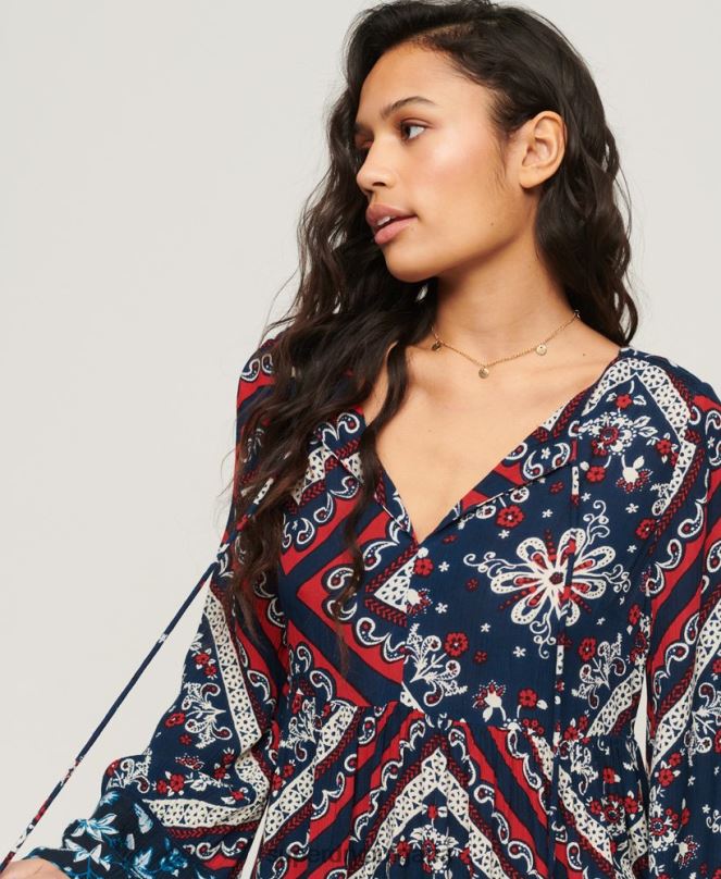 Superdry облекло N00H2094 син Жени мини рокля с изпъкнали ръкави от 60-те