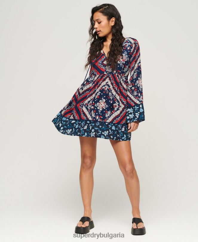Superdry облекло N00H2094 син Жени мини рокля с изпъкнали ръкави от 60-те