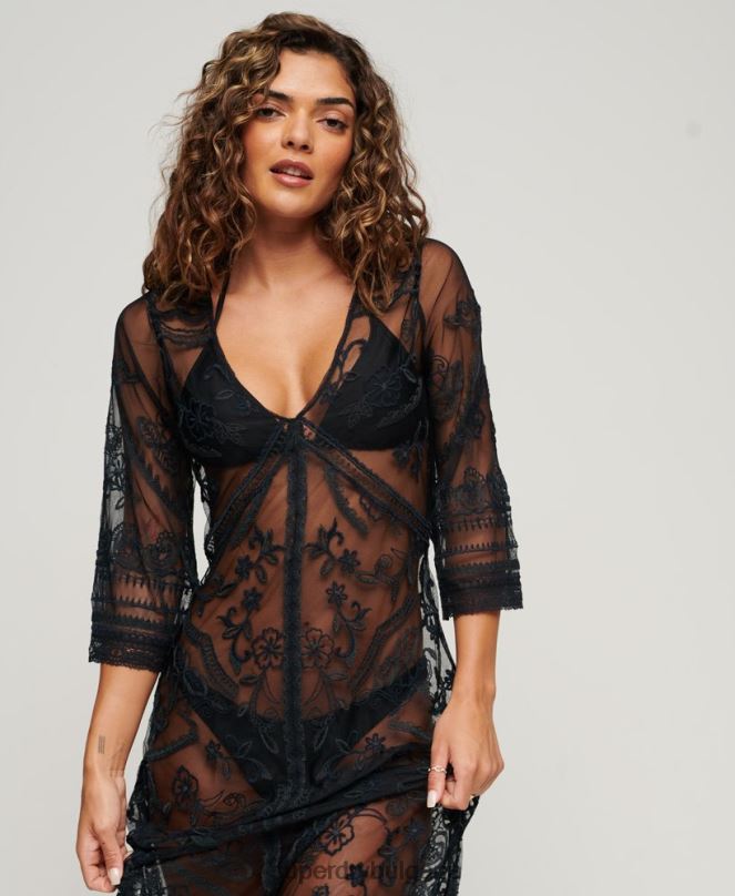 Superdry облекло N00H2272 черен Жени дантелена макси рокля с прикриване на плажа
