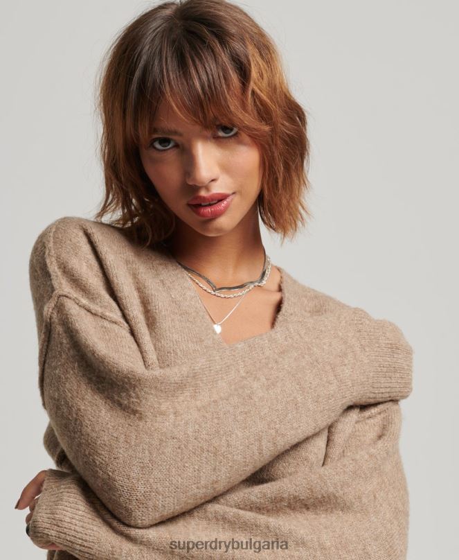 Superdry облекло N00H2421 бежово Жени плетена рокля с v-образно деколте