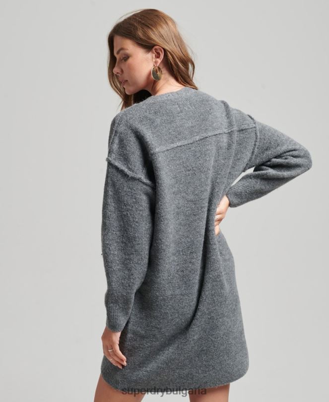 Superdry облекло N00H2442 тъмно сив Жени плетена рокля с v-образно деколте