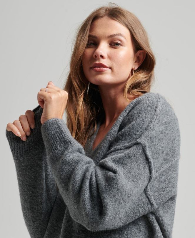 Superdry облекло N00H2442 тъмно сив Жени плетена рокля с v-образно деколте