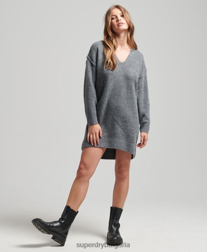 Superdry облекло N00H2442 тъмно сив Жени плетена рокля с v-образно деколте