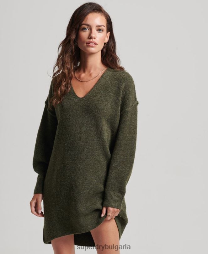 Superdry облекло N00H2443 каки Жени плетена рокля с v-образно деколте