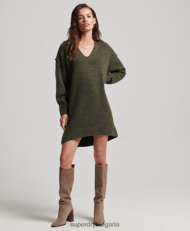 Superdry облекло N00H2443 каки Жени плетена рокля с v-образно деколте
