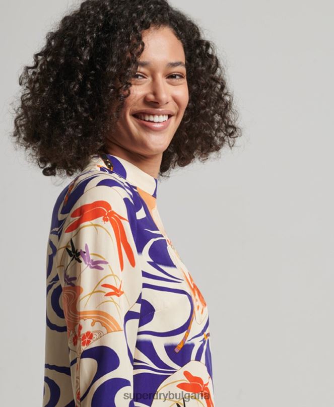 Superdry облекло N00H2467 мулти Жени мини рокля с щампа с дълъг ръкав