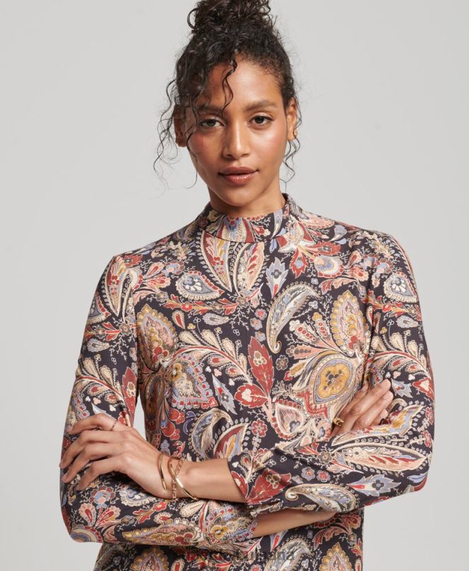 Superdry облекло N00H2476 тен Жени мини рокля с щампа с дълъг ръкав