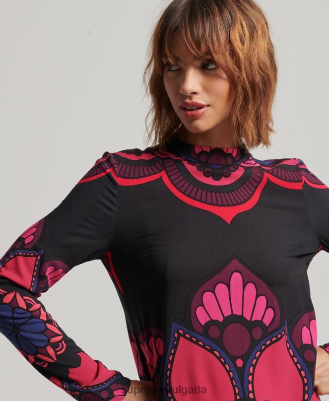 Superdry облекло N00H2480 черен Жени мини рокля с щампа с дълъг ръкав