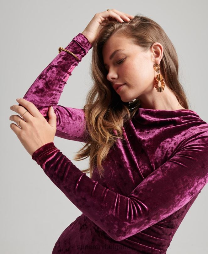 Superdry облекло N00H2481 розово Жени кадифена мини рокля с дълъг ръкав