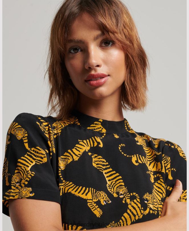 Superdry облекло N00H2531 черен Жени многоетажна мини рокля с къс ръкав