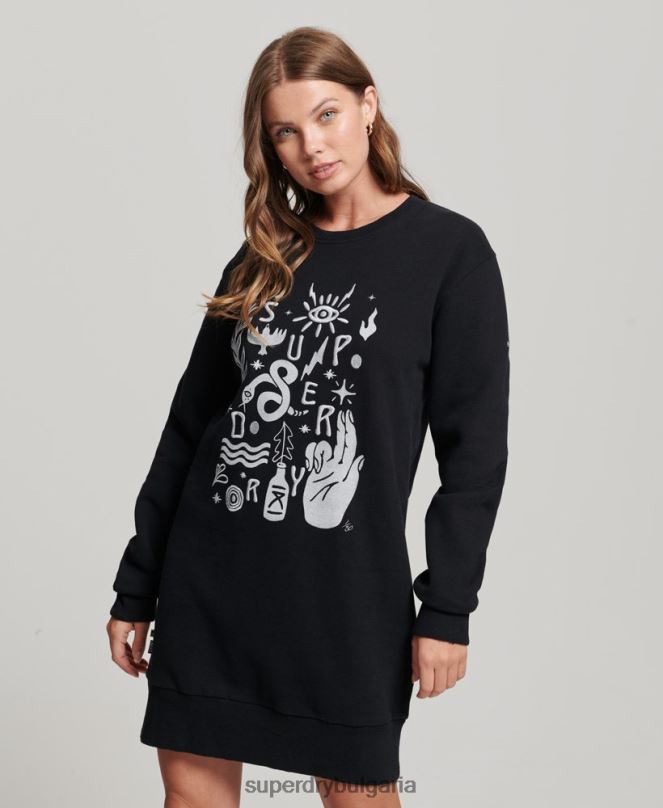 Superdry облекло N00H2542 черен Жени номадска фолклорна суичър рокля
