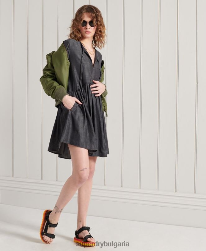 Superdry облекло N00H2549 черен Жени рокля от тенсел с дълъг ръкав