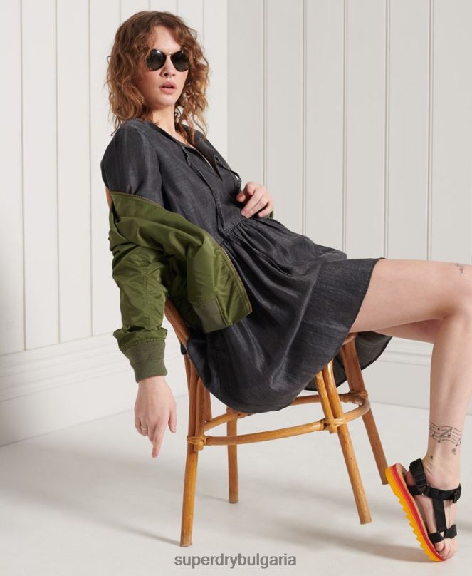 Superdry облекло N00H2549 черен Жени рокля от тенсел с дълъг ръкав