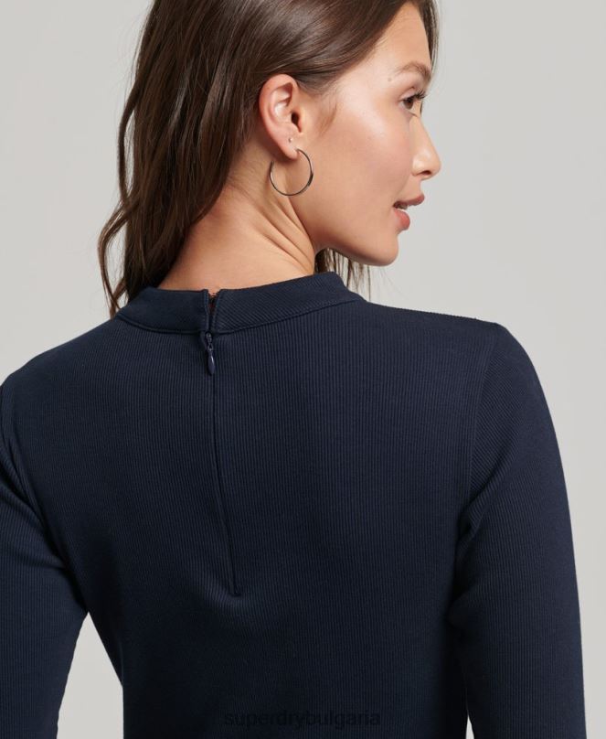 Superdry облекло N00H6534 военноморски флот Жени мини рокля по тялото с дълъг ръкав