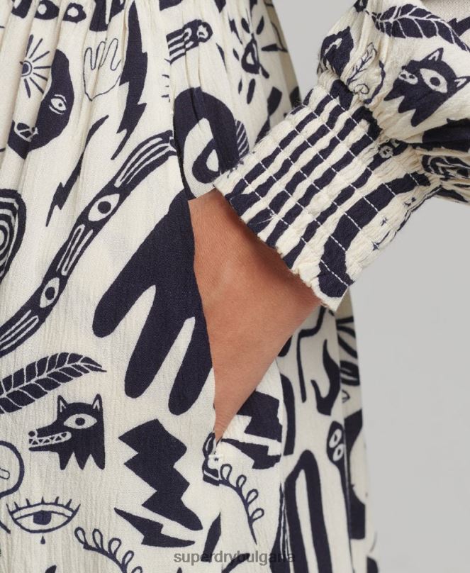 Superdry облекло N00H6707 сметана Жени миди рокля с дълъг ръкав с принт