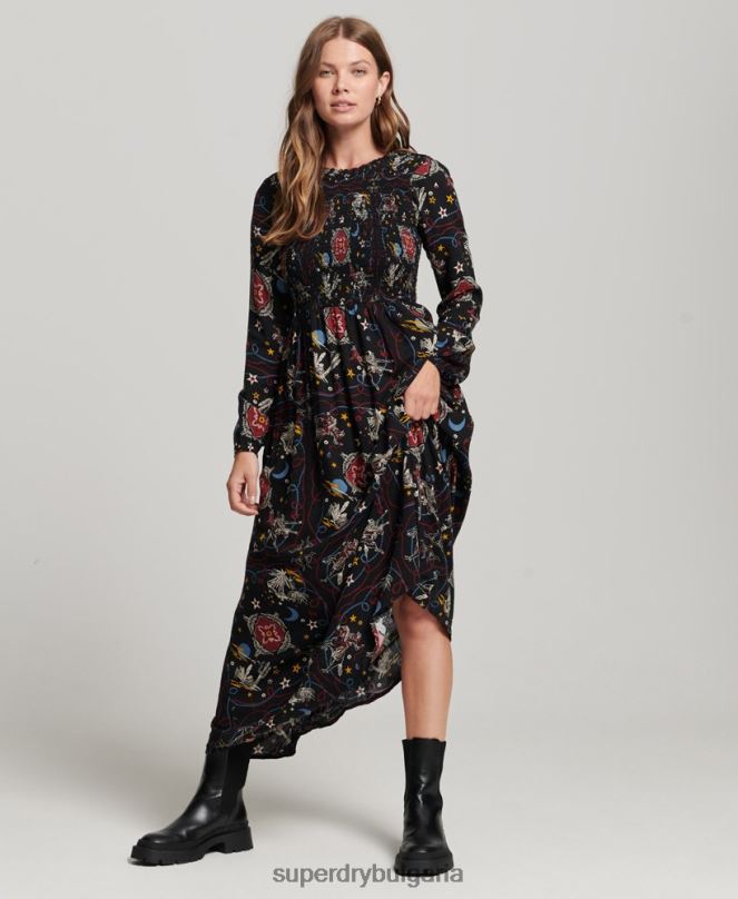 Superdry облекло N00H6718 черен Жени дълга пушена рокля