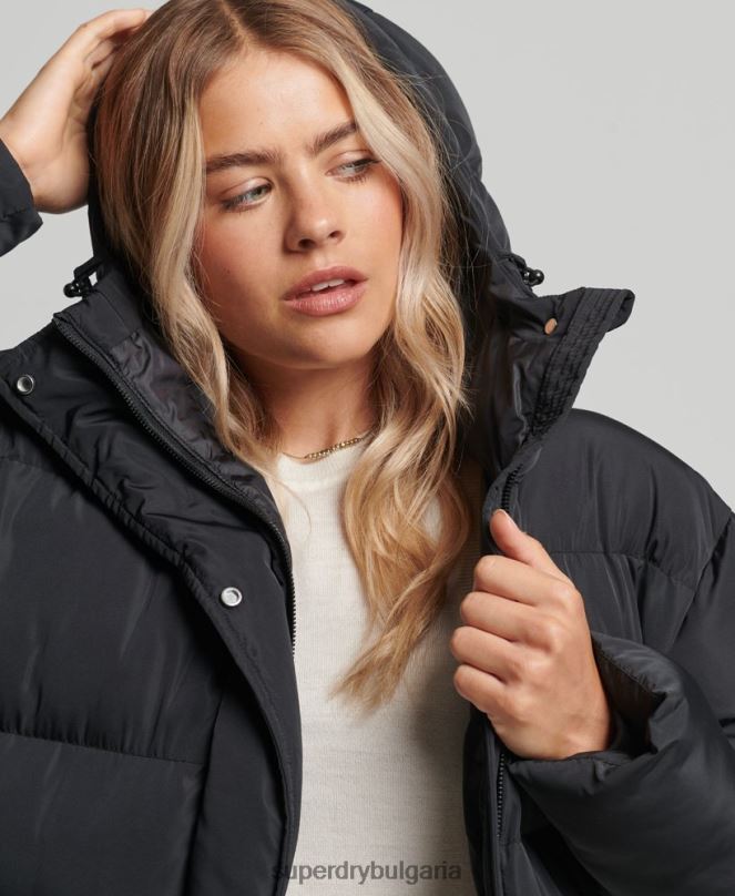 Superdry облекло N00H3578 черен Жени макси пухено палто с качулка