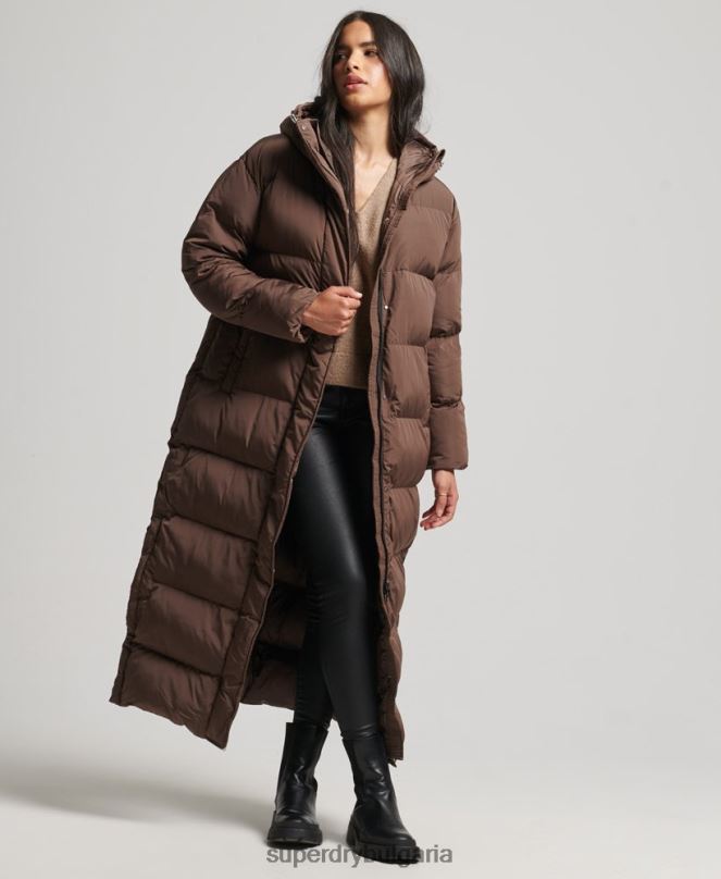 Superdry облекло N00H3579 кафяво Жени макси пухено палто с качулка