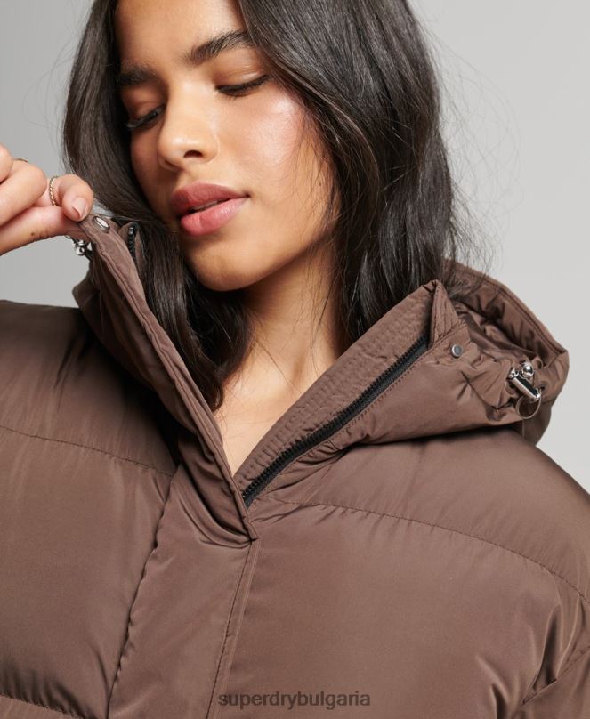 Superdry облекло N00H3579 кафяво Жени макси пухено палто с качулка