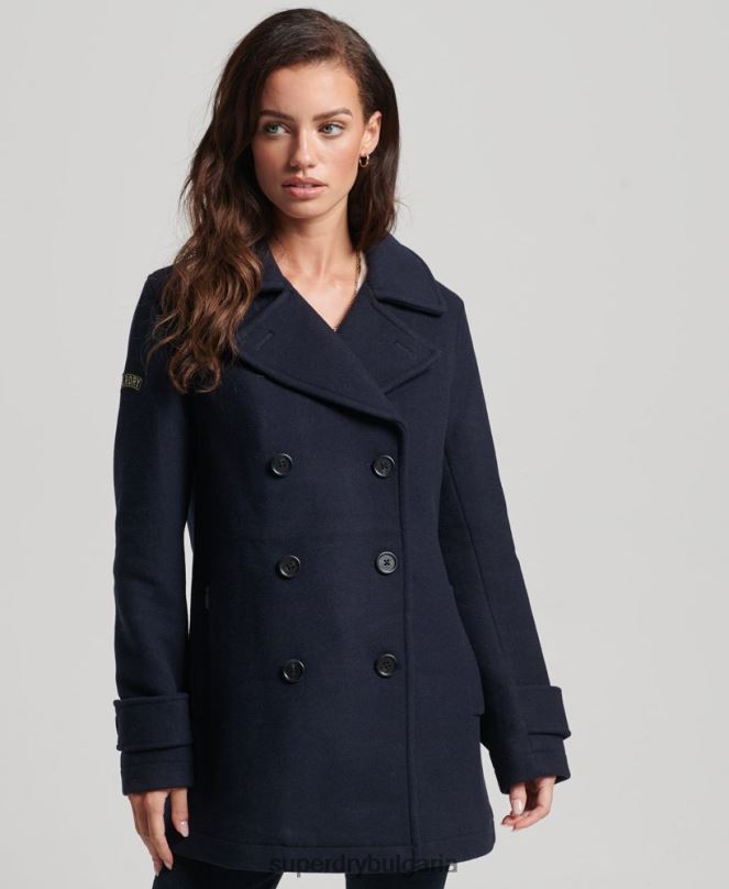 Superdry облекло N00H3619 военноморски флот Жени двуредно вълнено грахово палто
