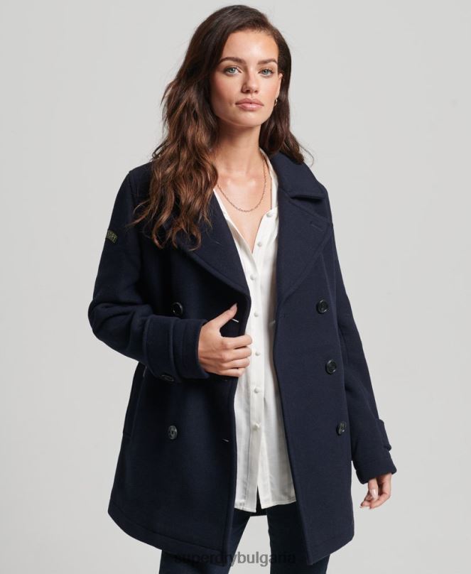 Superdry облекло N00H3619 военноморски флот Жени двуредно вълнено грахово палто