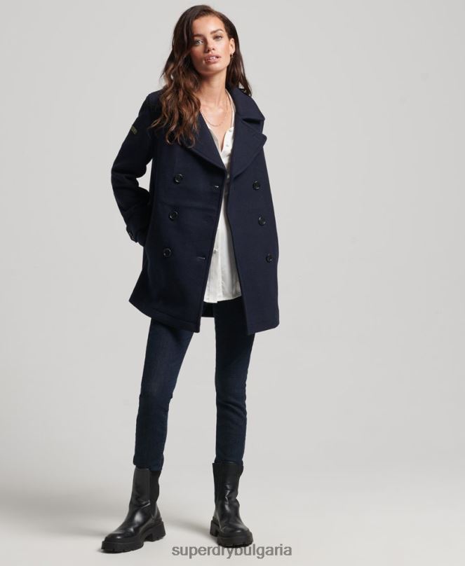 Superdry облекло N00H3619 военноморски флот Жени двуредно вълнено грахово палто