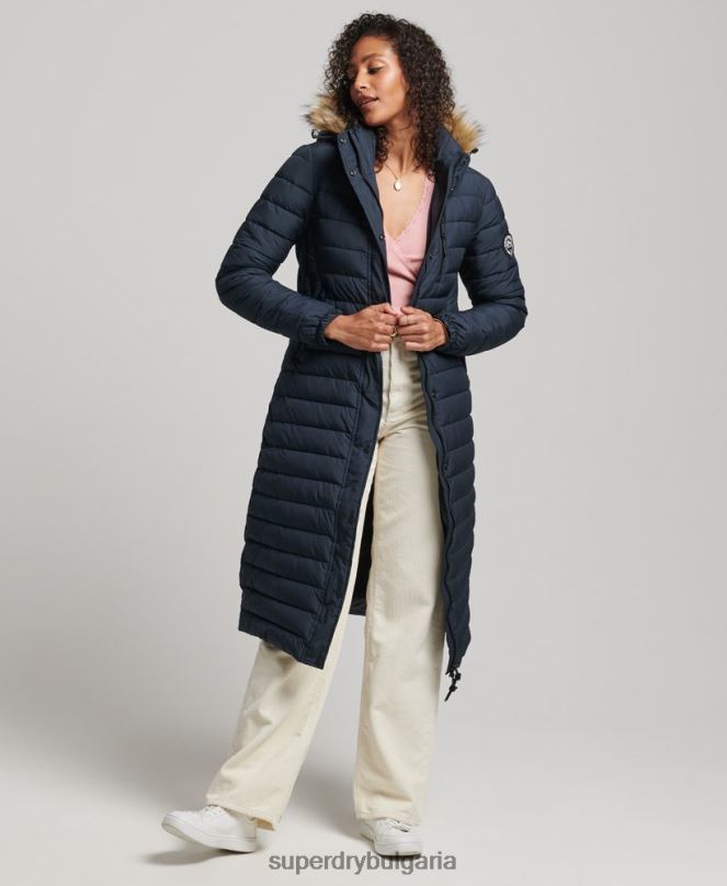 Superdry облекло N00H3622 военноморски флот Жени леко подплатено пухено палто с парагади и качулка от изкуствена кожа