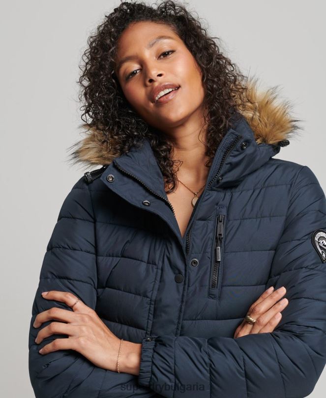 Superdry облекло N00H3622 военноморски флот Жени леко подплатено пухено палто с парагади и качулка от изкуствена кожа