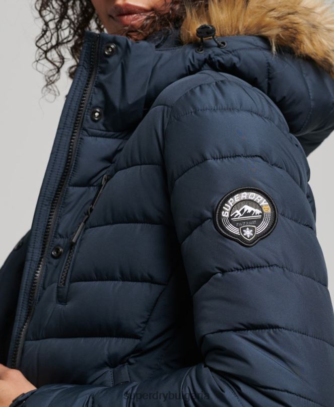 Superdry облекло N00H3622 военноморски флот Жени леко подплатено пухено палто с парагади и качулка от изкуствена кожа