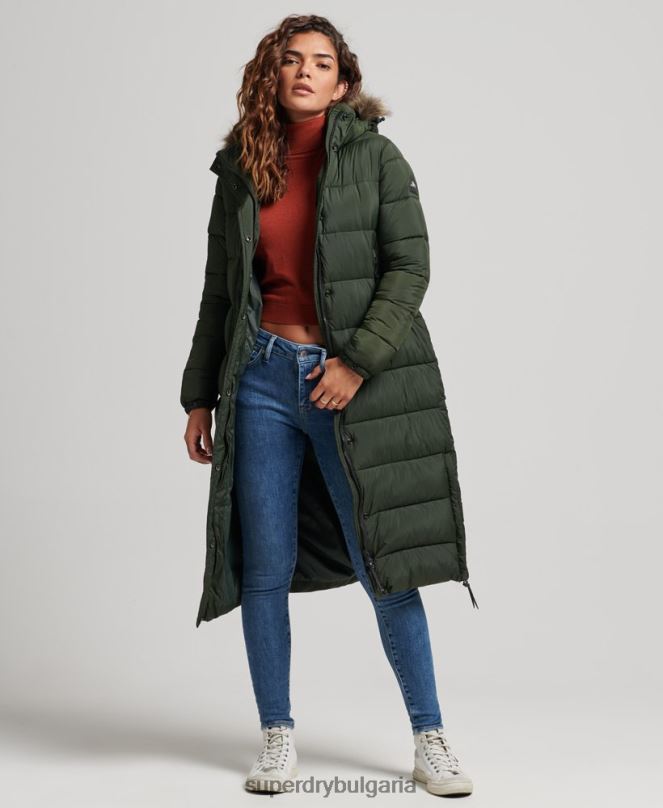 Superdry облекло N00H3626 зелено Жени пухено палто с парагади и качулка от изкуствена кожа