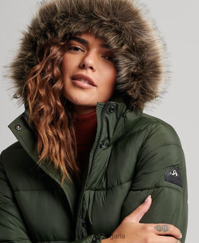 Superdry облекло N00H3626 зелено Жени пухено палто с парагади и качулка от изкуствена кожа