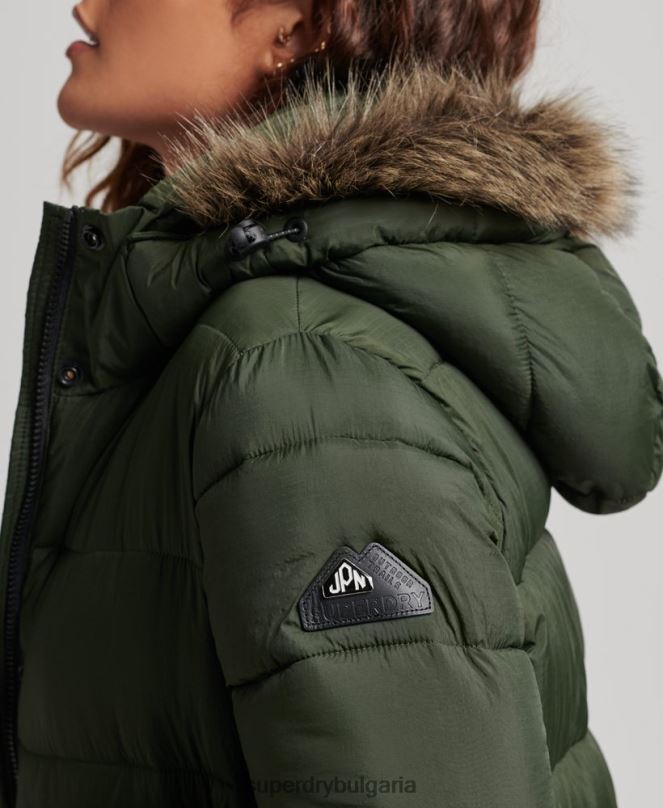 Superdry облекло N00H3626 зелено Жени пухено палто с парагади и качулка от изкуствена кожа
