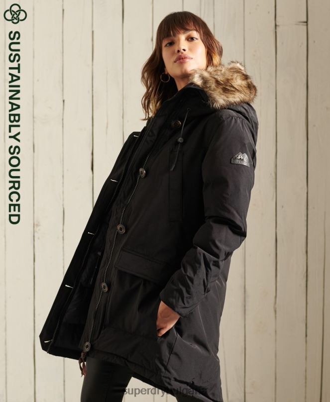 Superdry облекло N00H3641 черен Жени палто парка с качулка от изкуствена кожа
