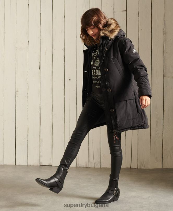Superdry облекло N00H3641 черен Жени палто парка с качулка от изкуствена кожа
