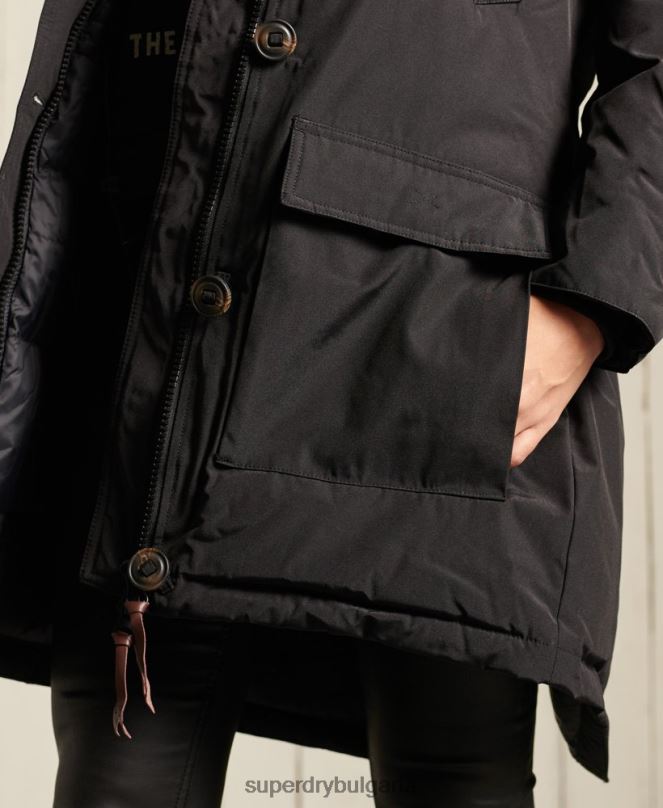Superdry облекло N00H3641 черен Жени палто парка с качулка от изкуствена кожа