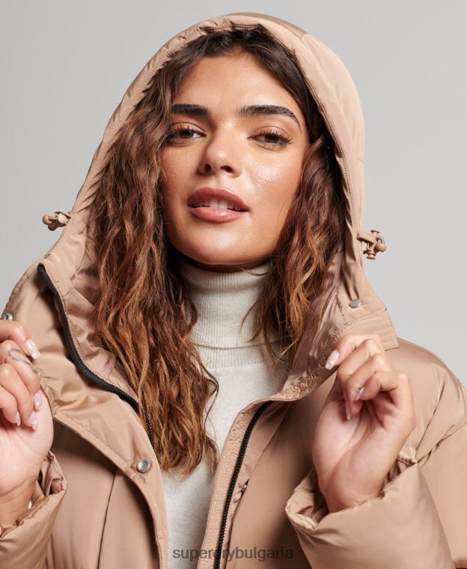 Superdry облекло N00H3650 кафяво Жени макси пухено палто с качулка