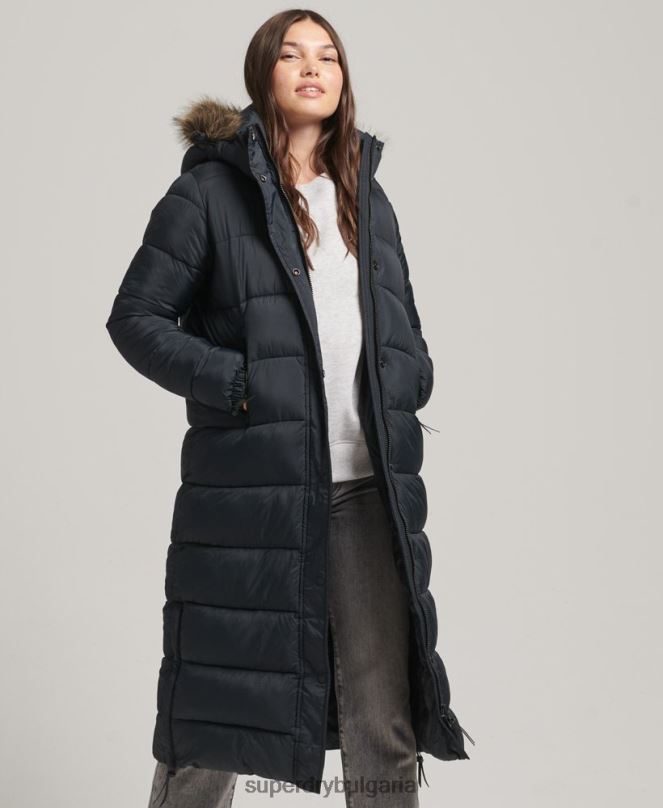 Superdry облекло N00H3660 тъмно сив Жени пухено палто с парагади и качулка от изкуствена кожа