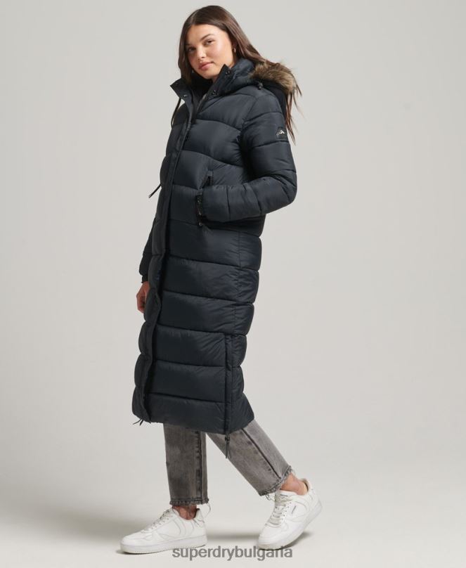 Superdry облекло N00H3660 тъмно сив Жени пухено палто с парагади и качулка от изкуствена кожа