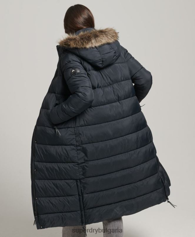 Superdry облекло N00H3660 тъмно сив Жени пухено палто с парагади и качулка от изкуствена кожа