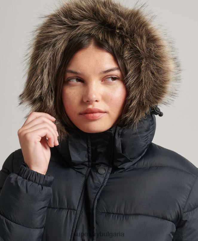 Superdry облекло N00H3660 тъмно сив Жени пухено палто с парагади и качулка от изкуствена кожа