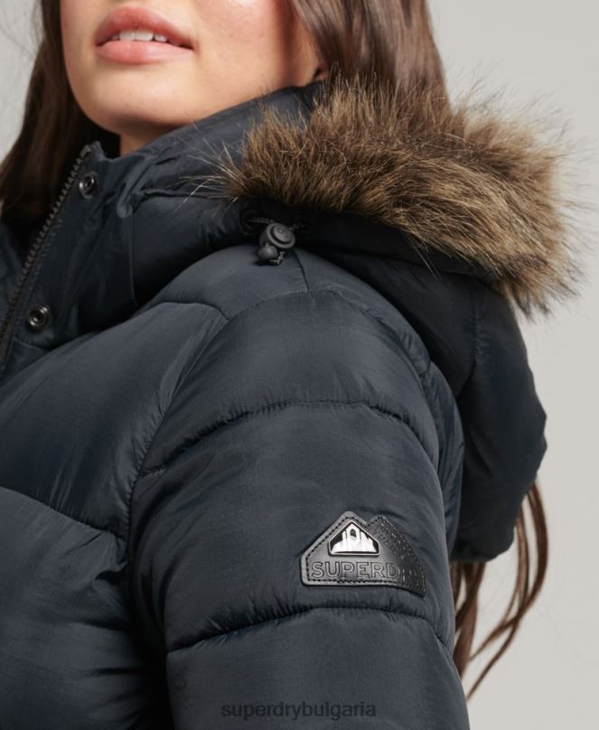 Superdry облекло N00H3660 тъмно сив Жени пухено палто с парагади и качулка от изкуствена кожа