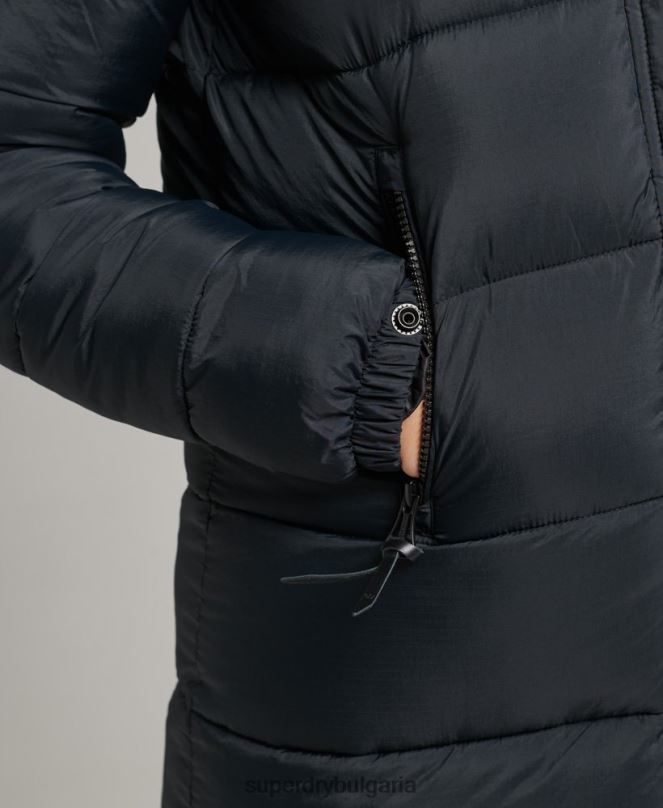 Superdry облекло N00H3660 тъмно сив Жени пухено палто с парагади и качулка от изкуствена кожа