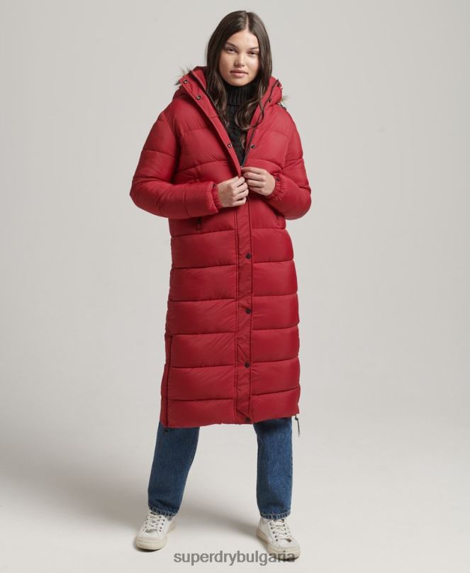 Superdry облекло N00H3661 червен Жени пухено палто с парагади и качулка от изкуствена кожа