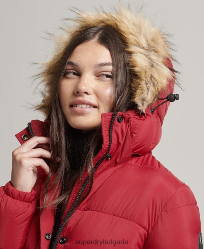 Superdry облекло N00H3661 червен Жени пухено палто с парагади и качулка от изкуствена кожа