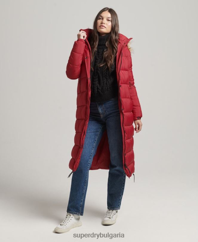 Superdry облекло N00H3661 червен Жени пухено палто с парагади и качулка от изкуствена кожа