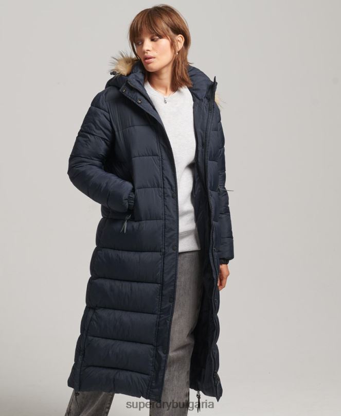 Superdry облекло N00H3662 военноморски флот Жени пухено палто с парагади и качулка от изкуствена кожа