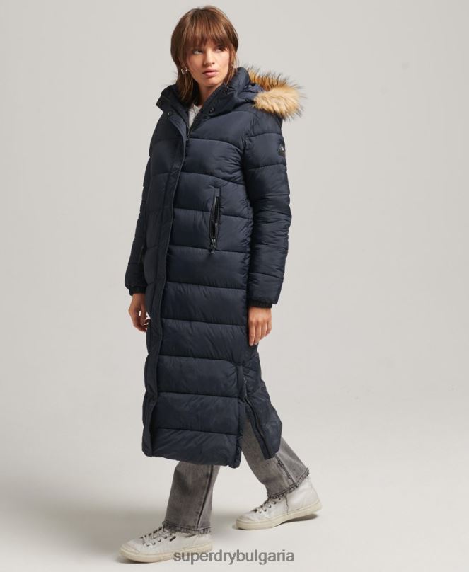 Superdry облекло N00H3662 военноморски флот Жени пухено палто с парагади и качулка от изкуствена кожа