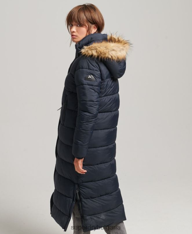 Superdry облекло N00H3662 военноморски флот Жени пухено палто с парагади и качулка от изкуствена кожа