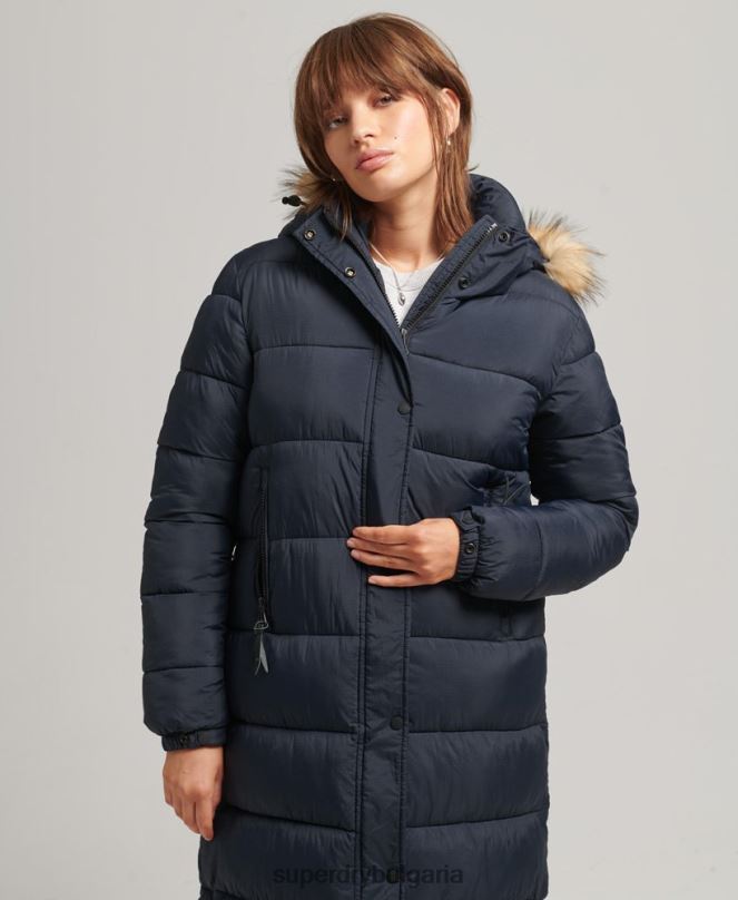 Superdry облекло N00H3662 военноморски флот Жени пухено палто с парагади и качулка от изкуствена кожа